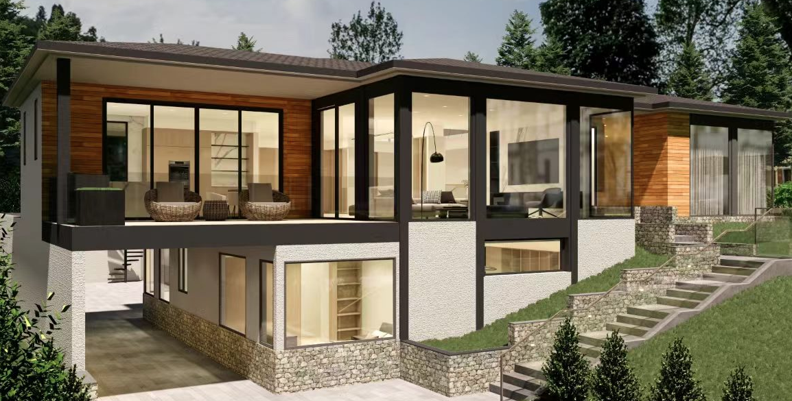 Modern hillside home rendering with stone base walls